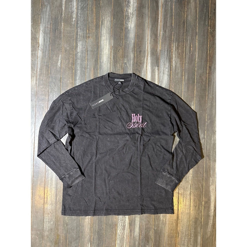 Fashion Nova Holy Spirit Graphic Tee Long Sleeve Mineral Wash Black Pink Womens